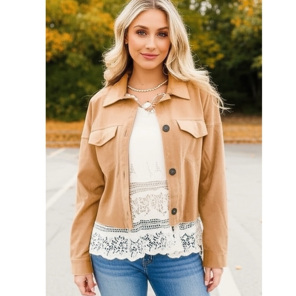 Faux Suede Boxy Fit Light Shacket Jacket in Camel Beige Small Button Down